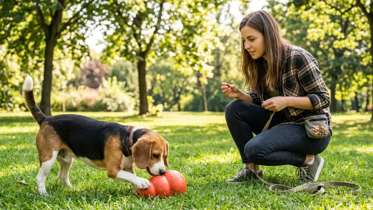 Cão Beagle brincando com um brinquedo de tamanho adequado enquanto é supervisionado pelo tutor.