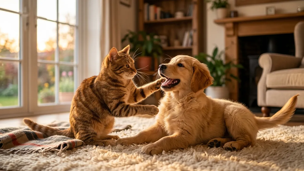 Gato e cão brincando juntos, simbolizando a amizade entre felinos e caninos