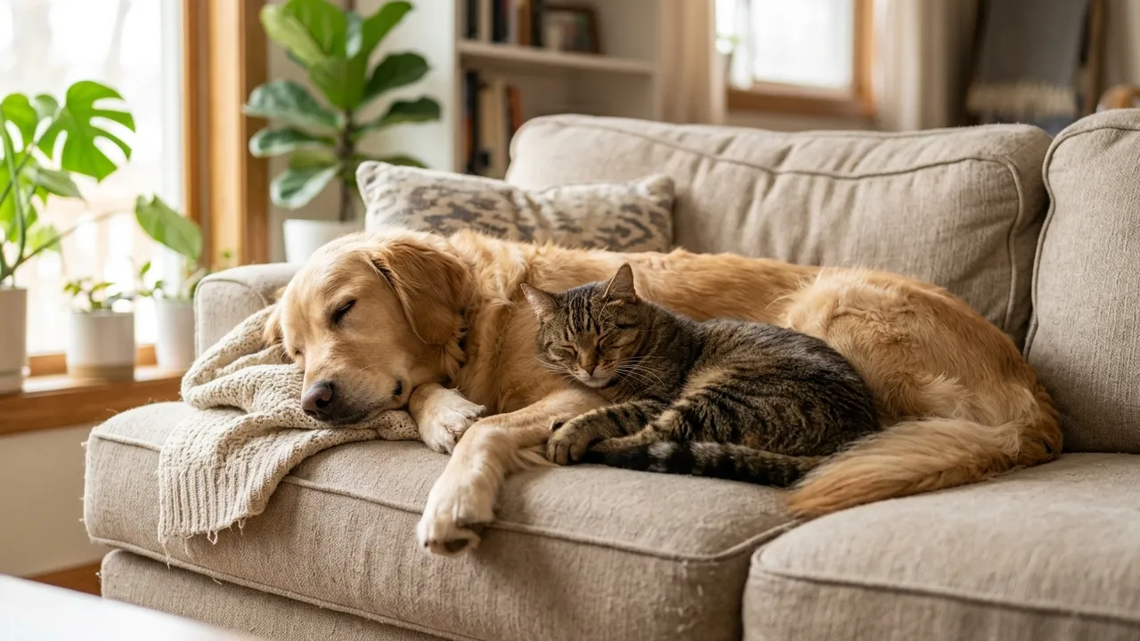 Gato e cão descansando juntos, simbolizando a harmonia entre diferentes espécies