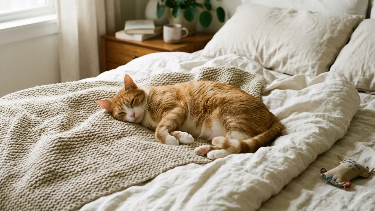 Gato saudável descansando em uma cama confortável e acolhedora