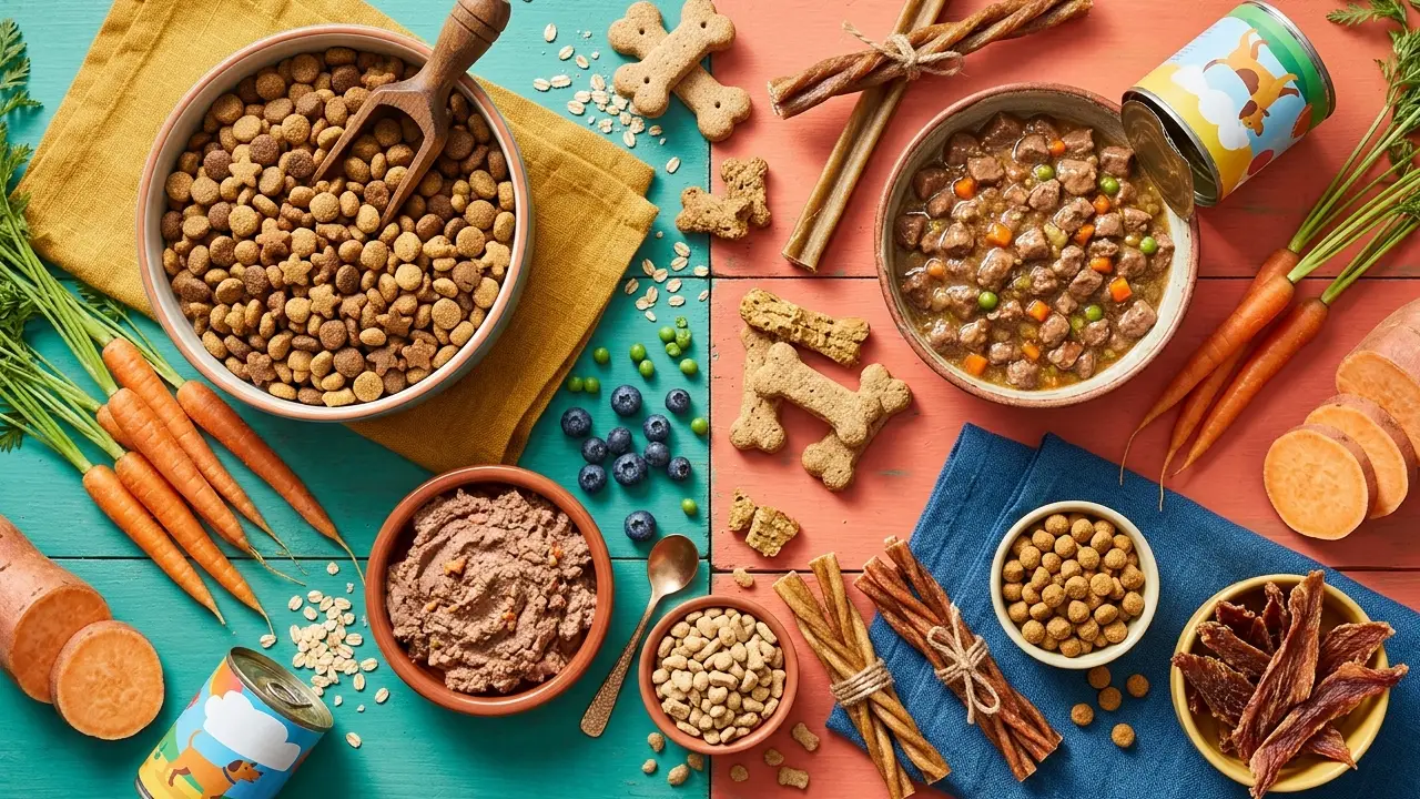Diversas opções de ração para cães em um fundo colorido, representando a escolha de alimentação.