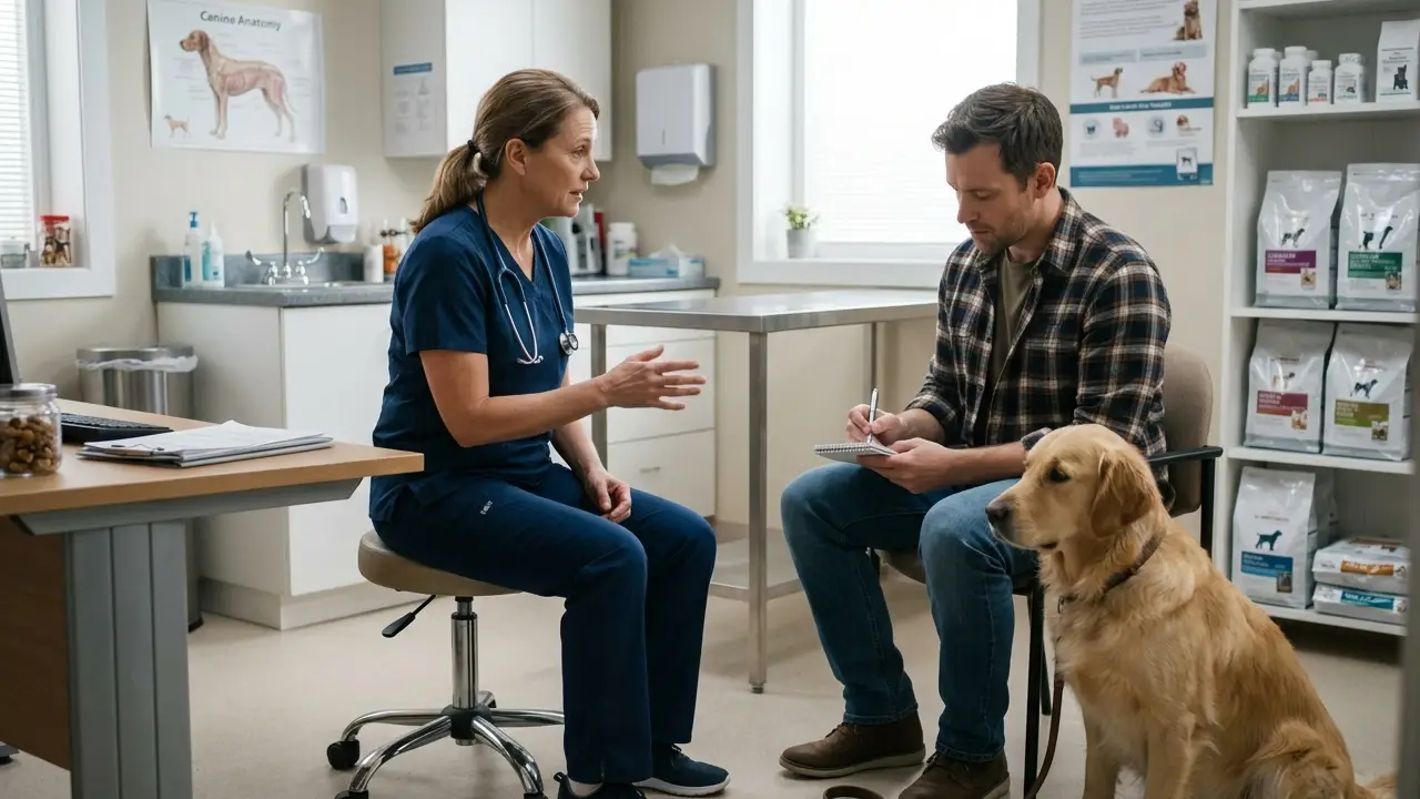 Um veterinário explicando sobre dieta canina a um tutor com um Golden Retriever em um consultório veterinário.