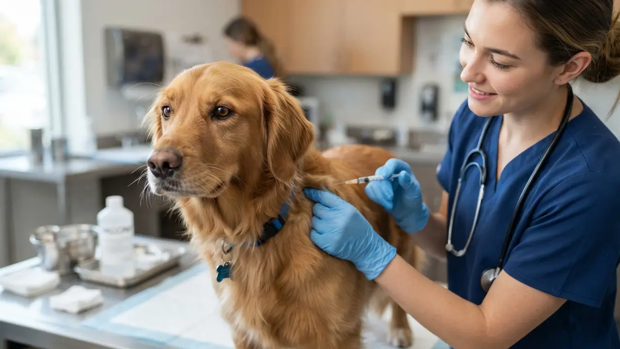 Veterinário aplicando vacina em cão saudável