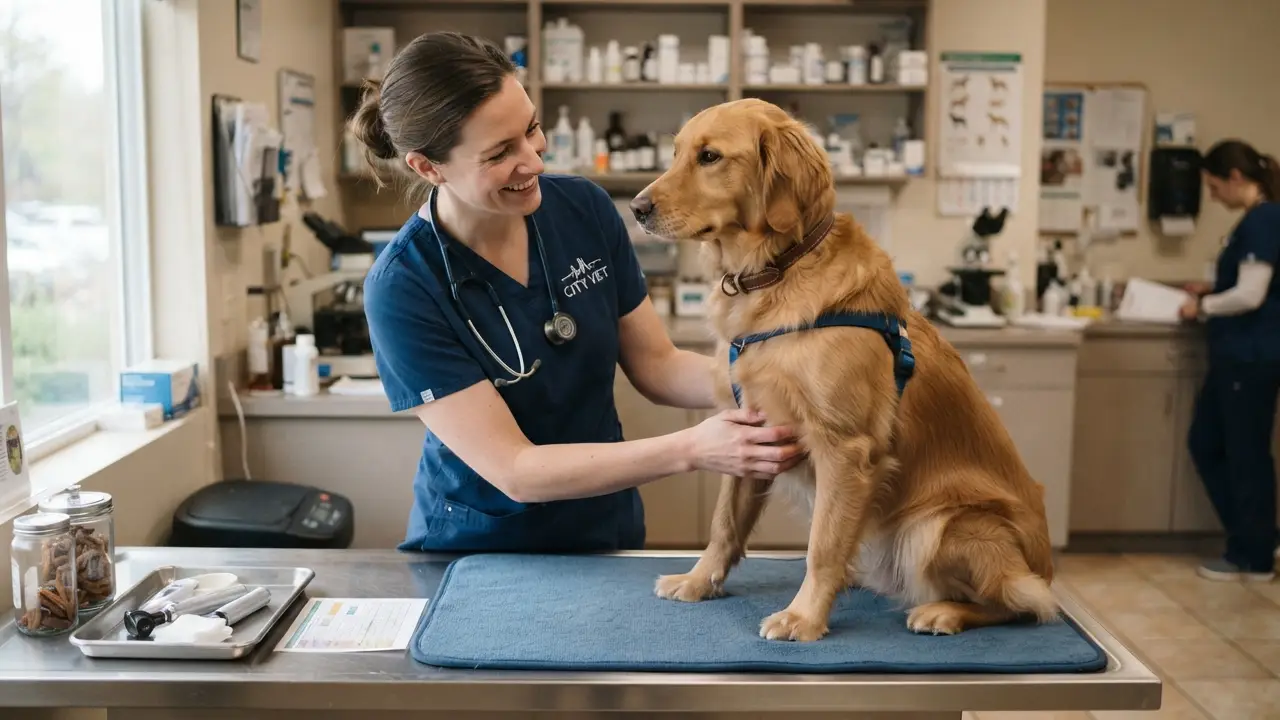 Veterinário examinando um cachorro, representando a importância da saúde animal