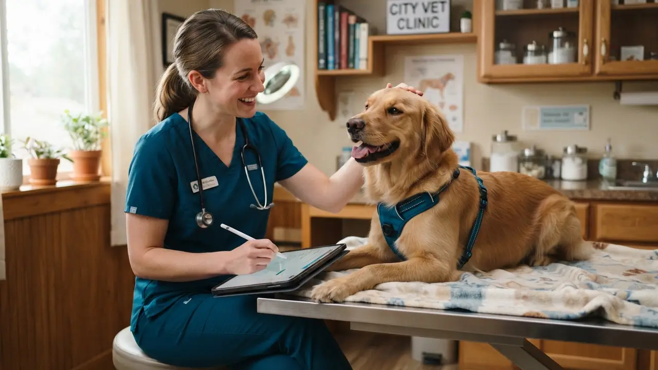 Veterinário examinando cachorro em consultório