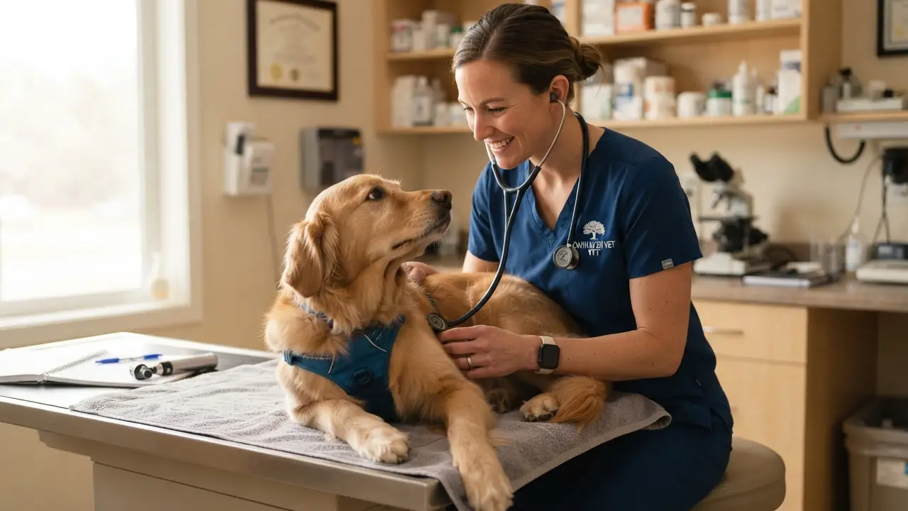 Veterinário examinando um cão com cuidado